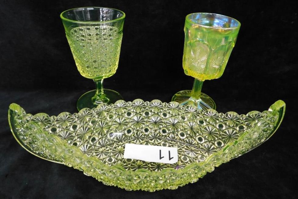 Vaseline / Uranium Glass Canoe Dish 3.5" x 12" x 3.5" and 2 Goblets: See Photos For Condition and Details