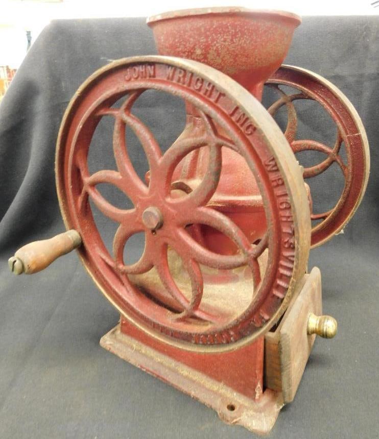 Vintage John Wright Inc Table Top Coffee Grinder - Cast Iron - 9.5" x 10.5" x 6.75": See Photos For Condition and Details