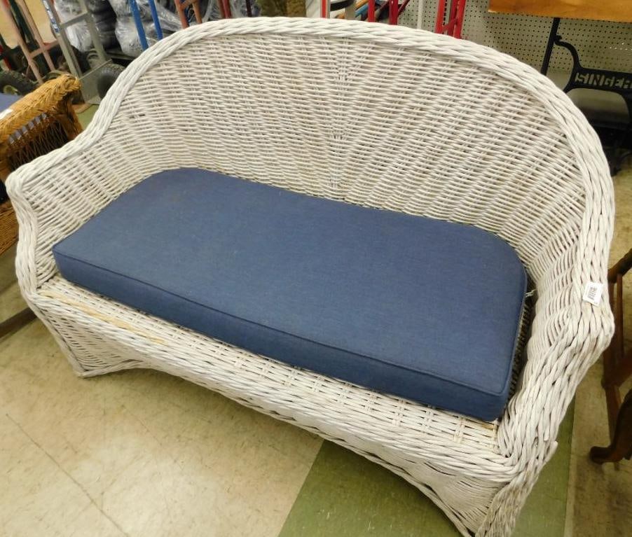 White Painted Wicker Settee - Cushion - 34.5" x 51" x 25" (1 of 8)