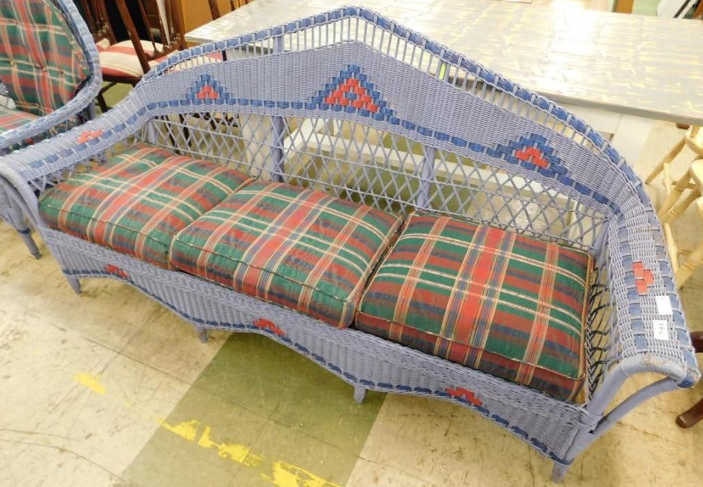 Old Wicker Coach with Plaid Cushions - 37" x 84" x 28": See Photos For Condition and Details