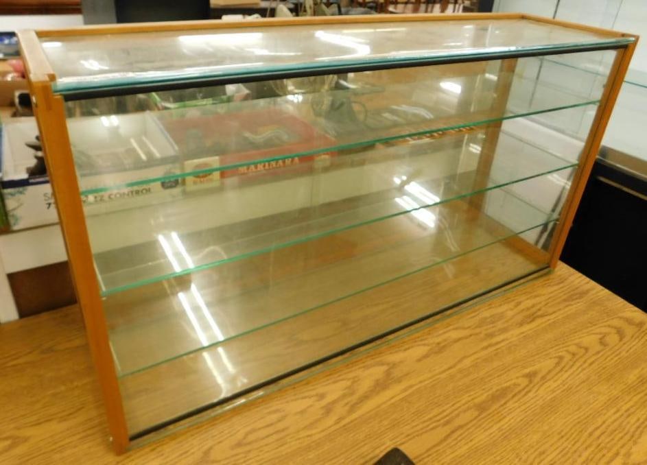 Waddell Wood and Glass Showcase with Plastic Back Doors - 21.5" x 39" x 11": See Photos For Condition and Details