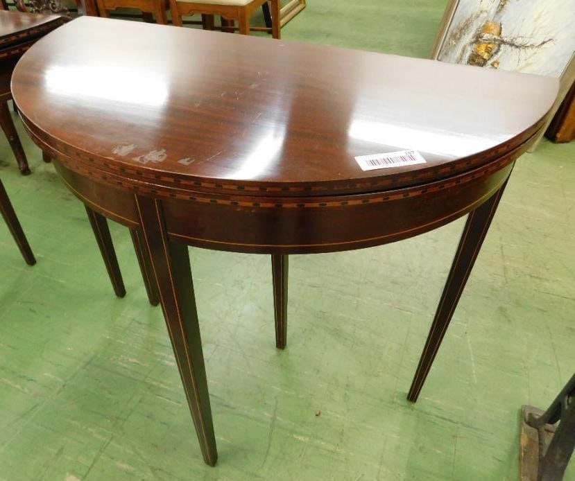 Demi Lune Inlaid Banded Game Table - 31" x 32" Open #1: See Photos For Condition and Details