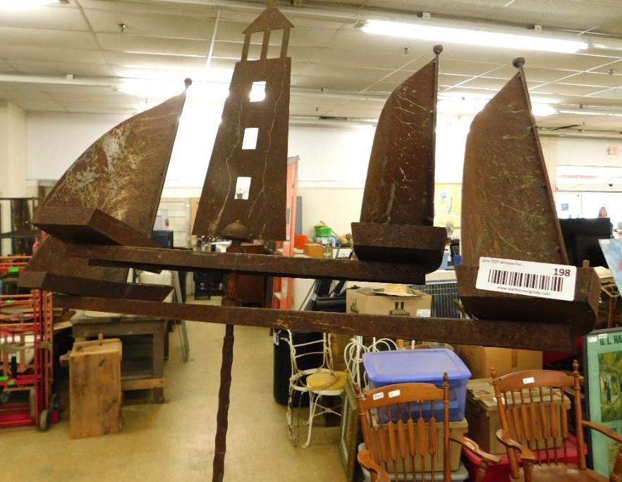 Metal Sail Boat and Lighthouse Whirligig - 67" x 32": See Photos For Condition and Details
