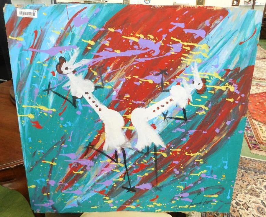 Southern Folk Art - Signed Ernest "Chicken Man" Lee - On Plywood - 35" x 36": See Photos For Condition and Details