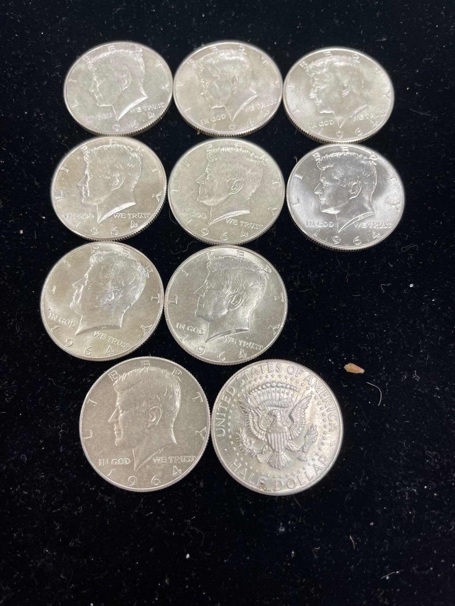 A lot of 10 1964 Kennedy half dollars 90% silver (1 of 2)