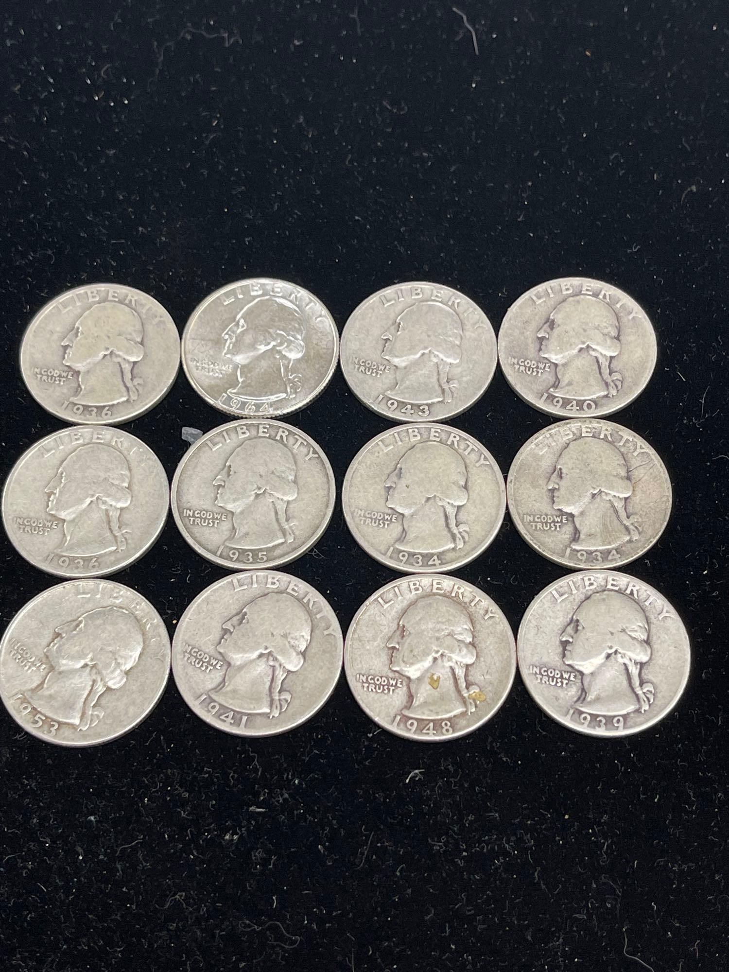 Lot of 12 1964 and below Washington quarters 90% silver (1 of 1)