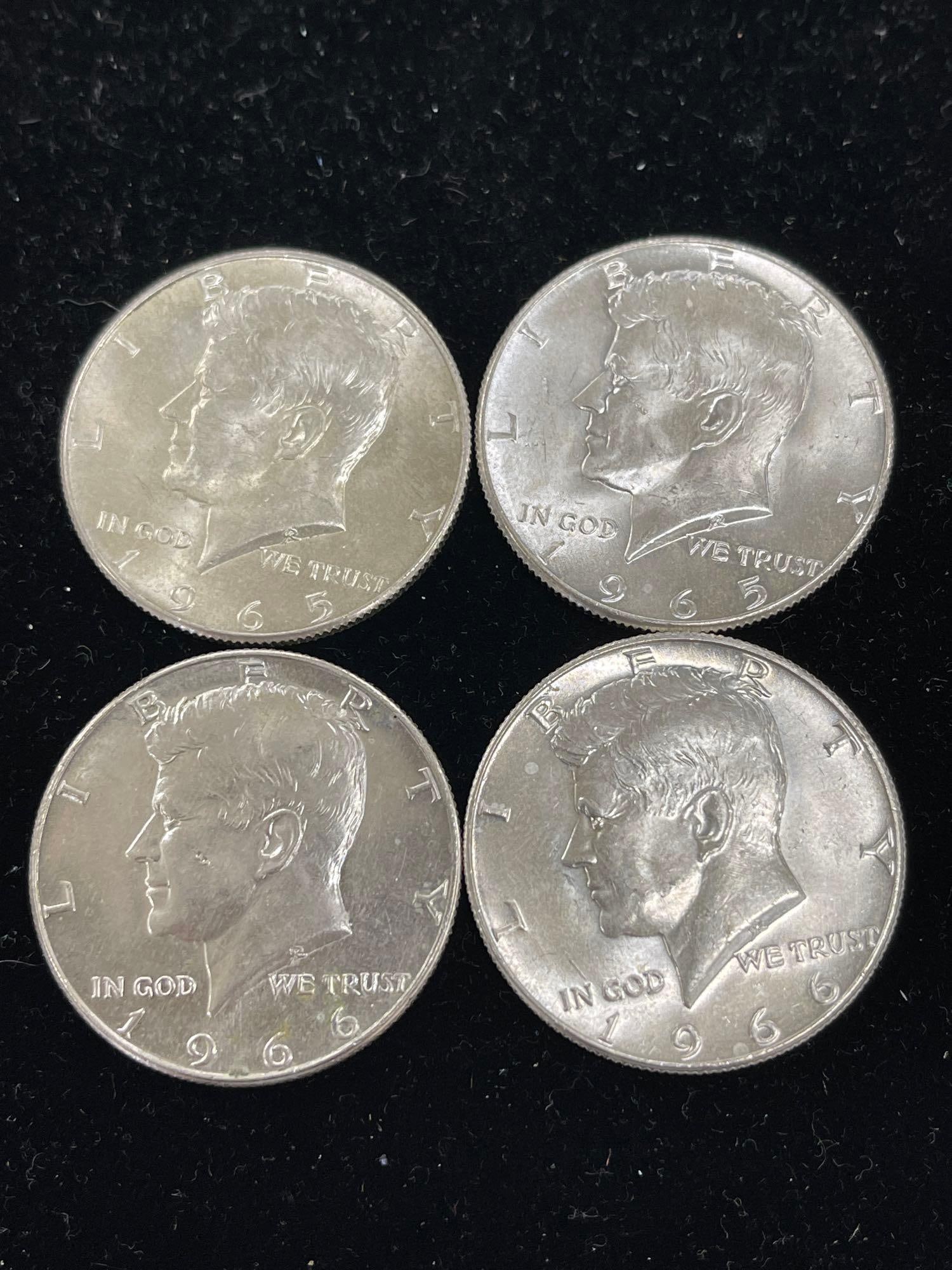 four Kennedy half dollars two 1965 and two 1966 ,40% silver (1 of 2)