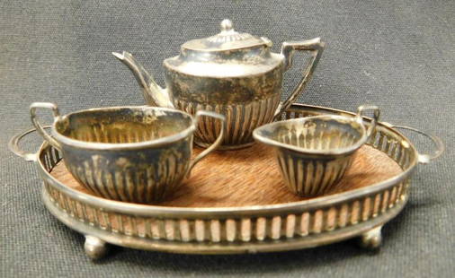 Sterling Silver - Miniature Tea Set With Tray (4" - 2.25") - 29 Grams TW: See Photos For Condition and Details