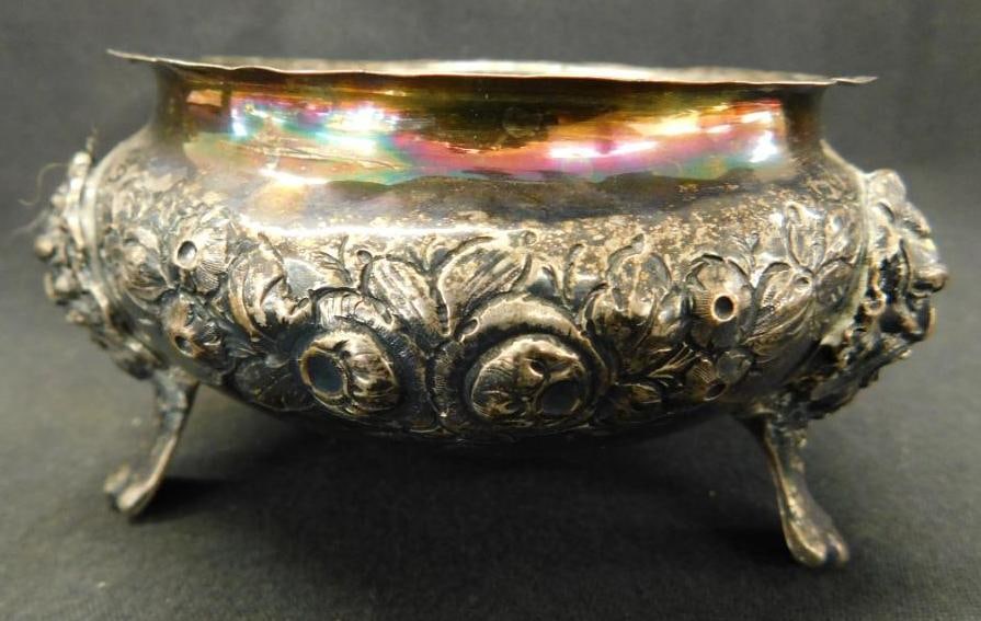 Sterling Silver - 3 Footed Embossed Bowl - Floral and Lions Head - 146 Grams: See Photos For Condition and Details