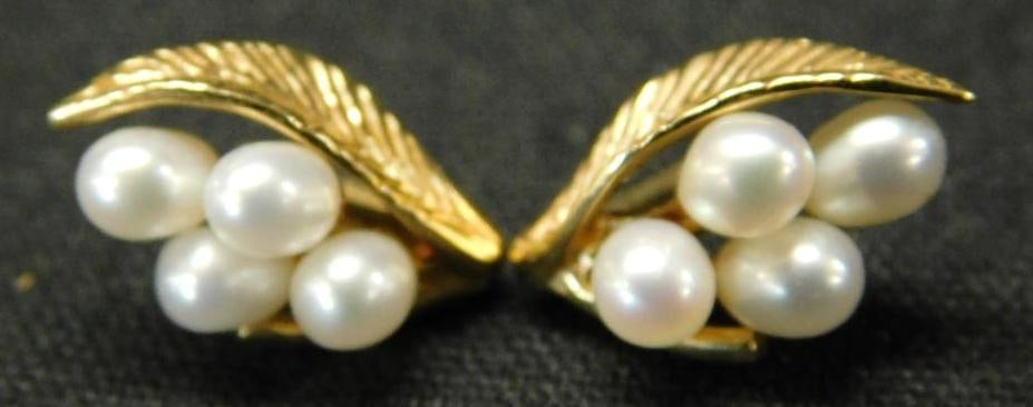 14K Yellow Gold - Pierced Earrings with Pearls - No Ear Nuts - 2.7 Grams TW: See Photos For Condition and Details