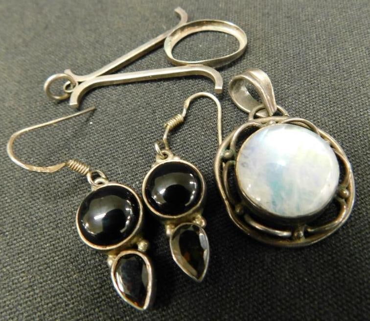 Sterling Silver - Onyx and Citrine Pierced Earrings - Moonstone Pendant - 13.7 Grams TW: Plus Pendant Missing Stone - See Photos For Condition and Details