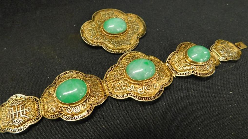 Sterling Silver - Chinese Vermeil Matching Brooch and Bracelet - Jadeite - 49 Grams TW: See Photos For Condition and Details