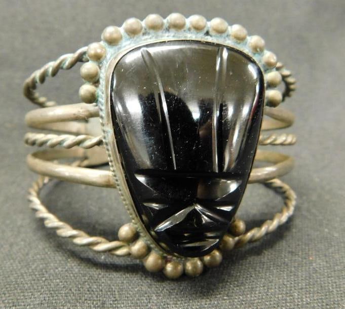 Sterling Silver - Mexican Cuff Bracelet with Carved Onyx - 47 Grams TW (1 of 9)