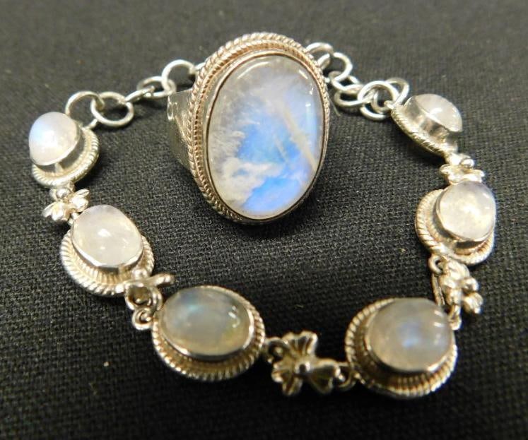 Sterling Silver - Moonstone 7" Bracelet and Size 7 Ring - 18.6 Grams TW (1 of 12)