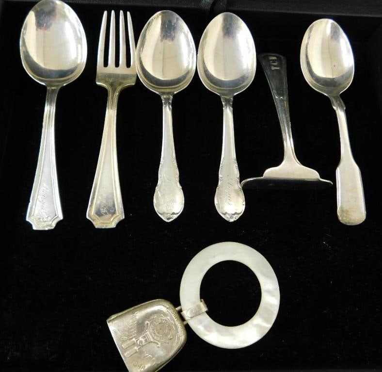Sterling Silver - 7 Childrens Pieces - 4 Spoons - 1 Fork - 1 Scraper - 1 Rattle - 124 Grams TW (1 of 12)