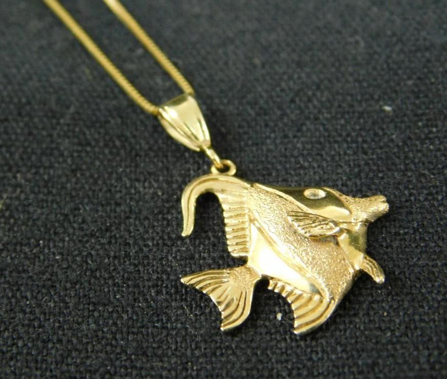 14K Yellow Gold - Necklace - 18" Chain with Fish Diamond Pendant - 2.4 Grams TW (1 of 9)