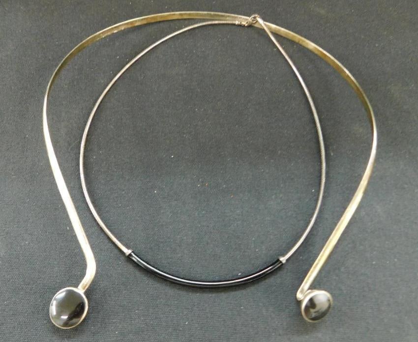Sterling Silver - Black Onyx Choker Necklaces - 2 Pieces - 30 Grams TW: See Photos For Condition and Details