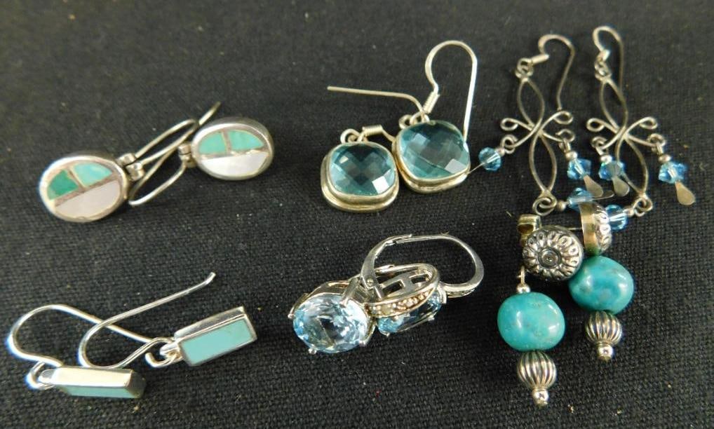 Sterling Silver - 6 Pairs of Teal Colored Pierced Earrings - 20 Grams TW (1 of 9)