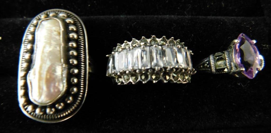 Sterling Silver - 3 Rings - 2 Missing Stones - 1 Needs Reconnected - Sizes 7-7-8 - 19.6 Grams TW: See Photos For Condition and Details