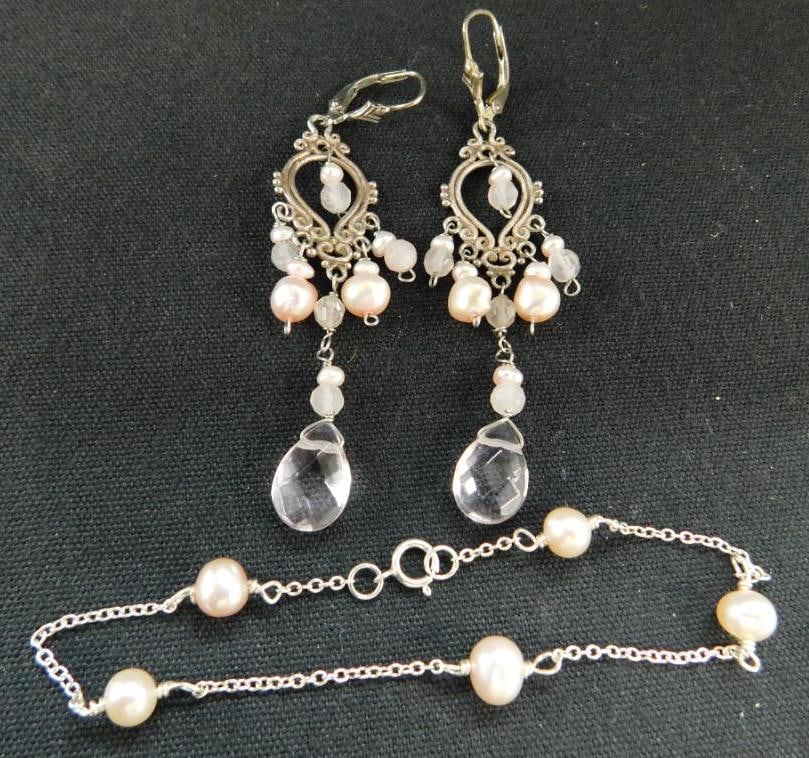 Sterling Silver - Necklace and Earrings - Rose Quartz and Fresh Water Pearls - 8.9 Grams TW: See Photos For Condition and Details