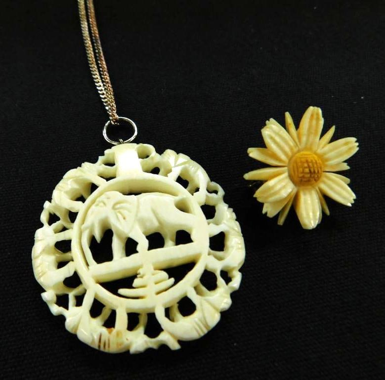 Sterling Silver - Carved Bone 20" Necklace and Daisy Pin: See Photos For Condition and Details