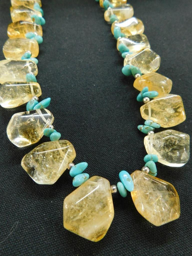 Sterling Silver - 18" Citrine and Turquoise Necklace - 88 Grams TW: See Photos For Condition and Details