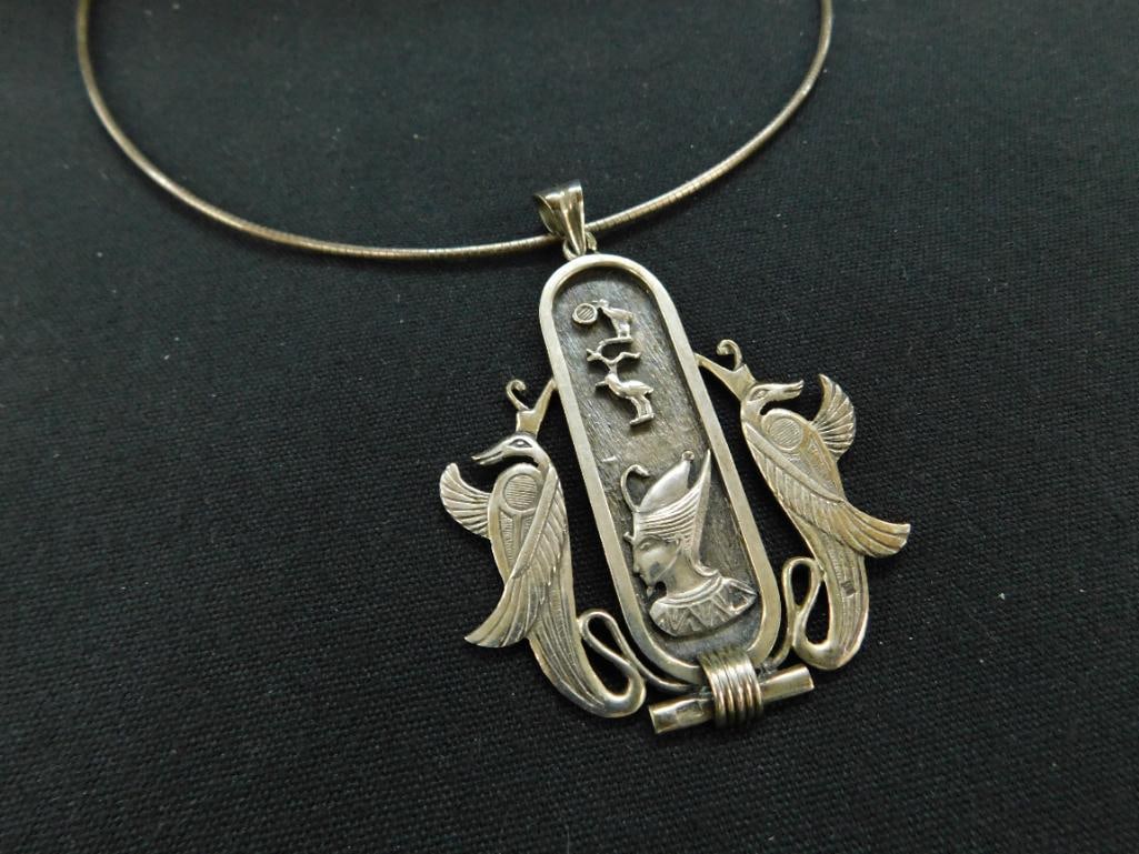 Sterling Silver - Hieroglyphic Necklace - 16" Omega - 23 Grams: See Photos For Condition and Details