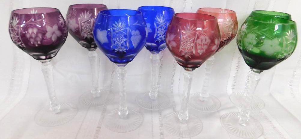 Crystal Stemware - "Cut-To-Clear" - 8/ 8 1/8" Balloon Wine Glasses - 4 Colors: See Photos for Details and Condition