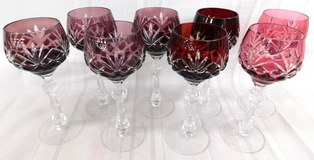 Crystal Stemware - "Cut-To-Clear" - 8/ 7 1/4" Balloon Wine Glasses - 2 Cranberry 4 Plum: 2 Ruby - See Photos for Details and Condition