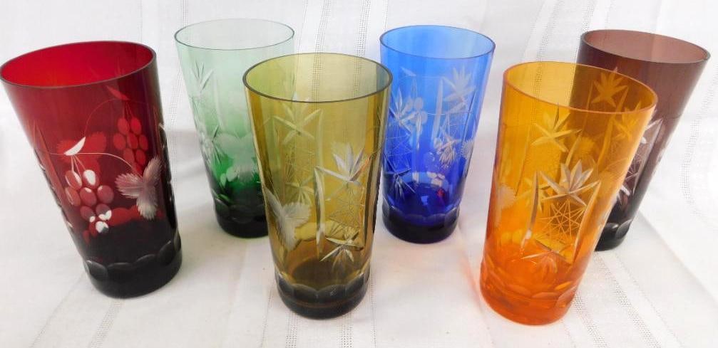 Crystal Stemware - "Cut-To-Clear" - 6/ 6" Iced Tea Glasses - 6 Colors: Blue One Has Chip on Lip - See Photos for Details and Condition