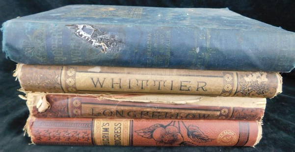 Antique Books - 4 Pieces - "Cooper Works" Volume 10 J. Fenimore Cooper: 1881 "The Complete Poetical Works" John Greenleaf Whittier - "The Pilgrims Progress" John Bunyanv - 1887 "The Poetical Works" Henry Wadsworth Longfellow - See Photos for Details and Condition