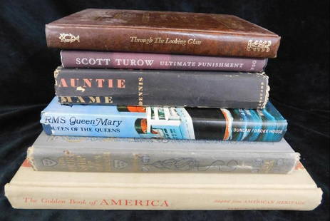 Antique Books - 6 Pieces - 1969 "RMS Queen Mary Queen of Queens" William Duncan: 1903 " The Courtship of Miles Standish" Henry Wadsworth Longfellow - 1957 " The Golden Book of America" - "Through The Looking Glass and What Alice Found There" Lewis Carroll - 1955 "Auntie Mame" Patr