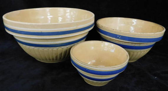 Vintage 3 Piece Yellowware Mixing Bowl Set - Large and Small Have Crack - 5.25" - 8" - 10.25": See Photos for Details and Condition