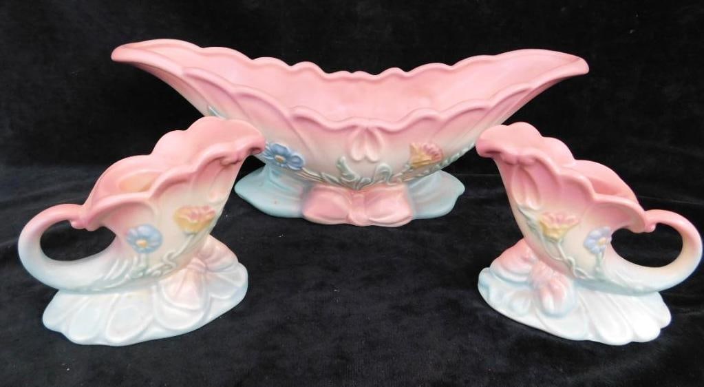 Hull Pottery Centerpiece Bowl 5" x 14" x 6" - Pair of Matching Candlesticks 4" x 5" x 3" (1 of 11)