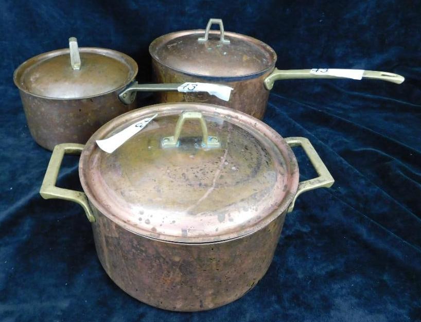 Group of 3 "Paul Revere" Lidded Copper Pans - 6.5" Sauce Pan - 7.5" Sauce Pan: 7.75" Stock Pan - See Photos for Details and Condition