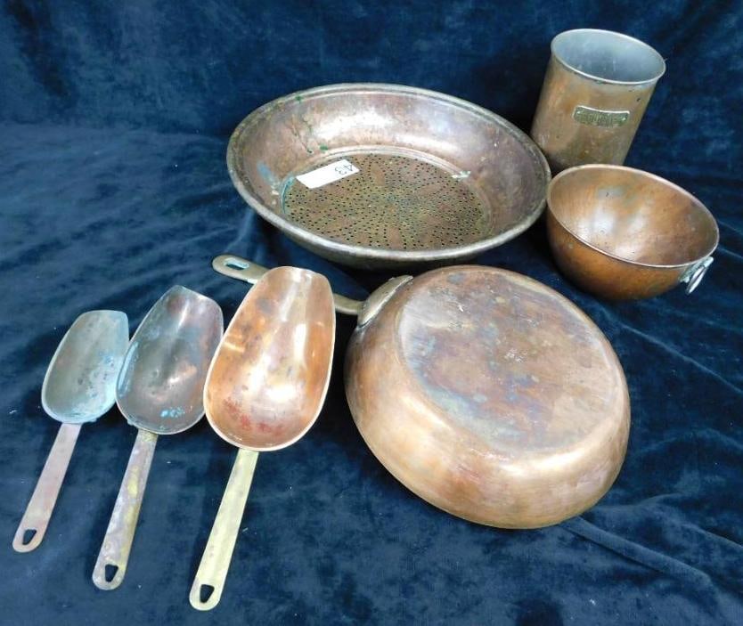 Copper Cookware Lot - Strainer - Scoops - 8.25" Fry Pan - Utensil Holder - Bowl (1 of 12)
