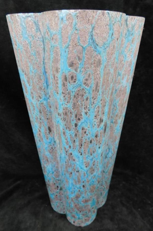 Tall Art Glass Flower Vase - Blue and Gray - Clover Shape - 16.25" x 8" x 8": See Photos for Details and Condition