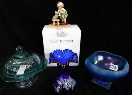 Box Lot with Goebel Hummel "Tender Loving Care" - Teal Depression Glass Candy Dish: Cobalt Bohemian Flower Vase - Footed Bowl - See Photos for Details and Condition