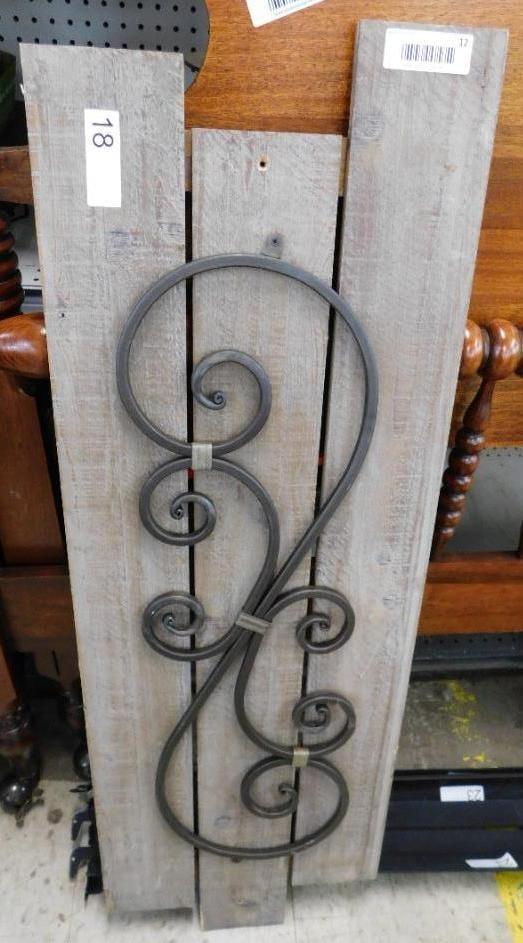 Derogative Metal Scroll Mounted on Wood Planks - Wall Decor - 40" x 14": See Photos for Details and Condition