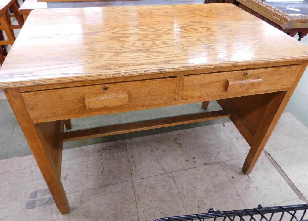 Vintage 2 Drawer Oak Desk - 30" x 42" x 26": See Photos for Details and Condition