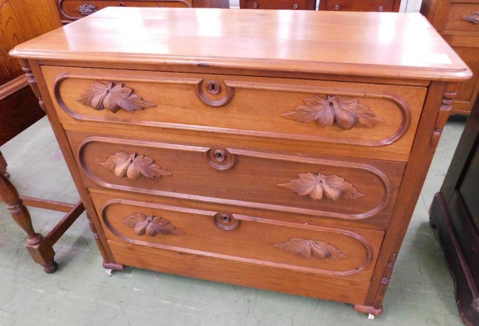 Victorian 3 Drawer Low Dresser with Carved Pulls - 34" x 40"x 17.5": See Photos for Details and Condition