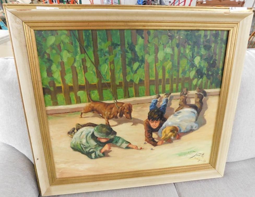 Oil on Canvas - Signed Walter Janotta Kunstmaler - Children Playing Marbles - 30" x 33" (1 of 13)