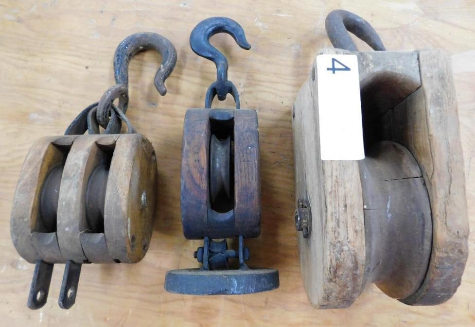 Lot with 3 Smaller Wood and Cast Iron Pulleys - Each 10" In Height (1 of 7)