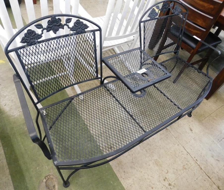 Wrought Iron Settee with Table In Center - Umbrella Holes - 34.5" x 53" x 24" (1 of 8)
