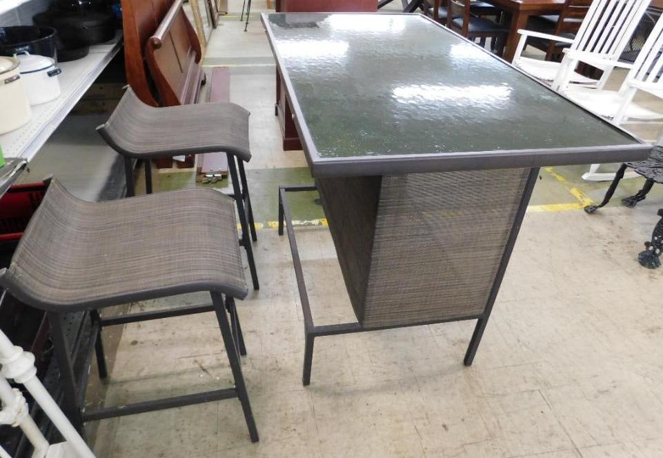 3 Piece Outside Glass Top Patio Bar with 2 Stools - Bar 39" x 52.75" x 28": See Photos For Condition and Details