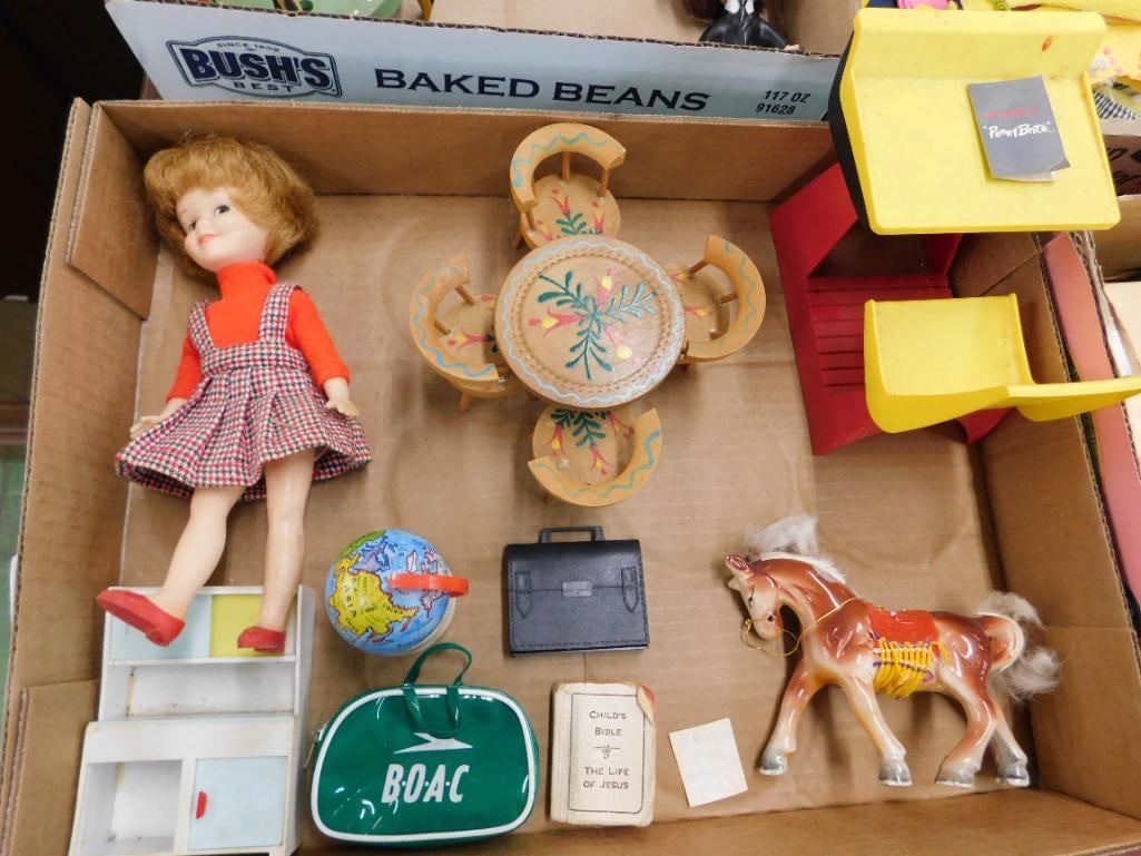 Box Lot with Doll Furniture - Doll and Horse Figure: See Photos For Condition and Details