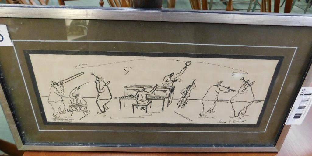 Framed Ink Art - Signed George Luttrell - "Preservation Hall-New Orleans" - 8.75" x 17": See Photos For Condition and Details