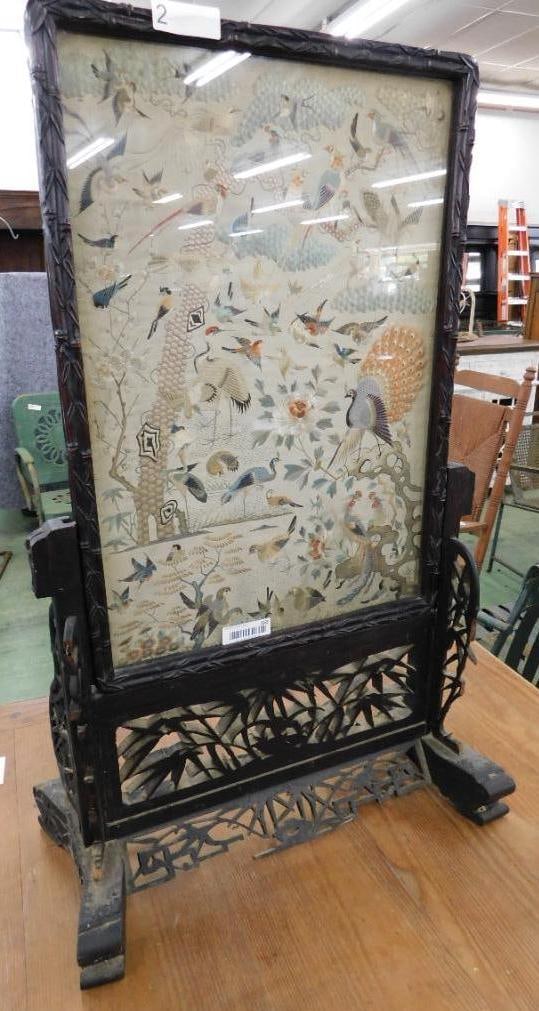 Beautiful Silk Embroidered Fireplace Screen with Base - Base Needs Help - 40" x 25" x 11.5": See Photos For Condition and Details