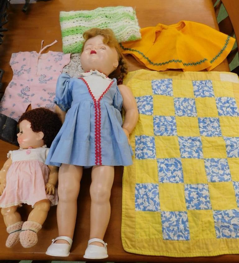 Box Lot of Dolls and Clothing - Arms Detached on Larger One: See Photos For Condition and Details