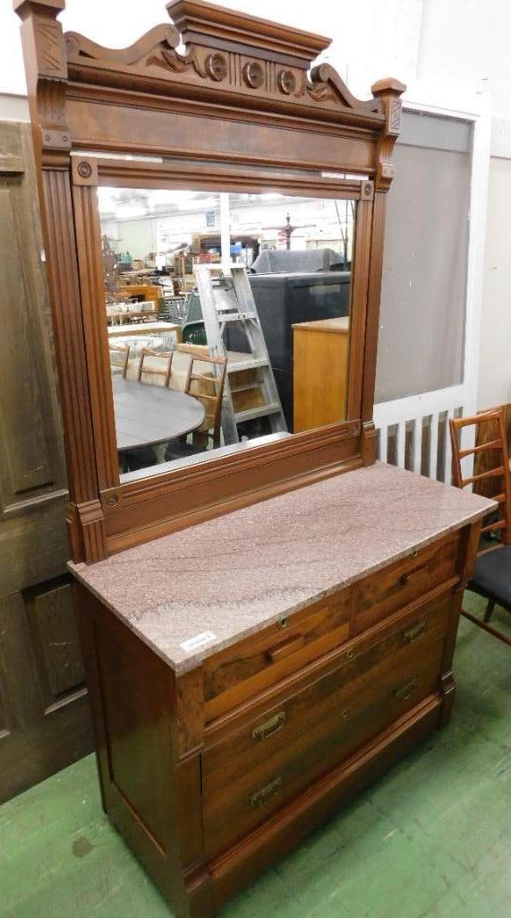 Victorian Marble Top Dresser with Mirror - 77" x 43" x 18": See Photos For Condition and Details
